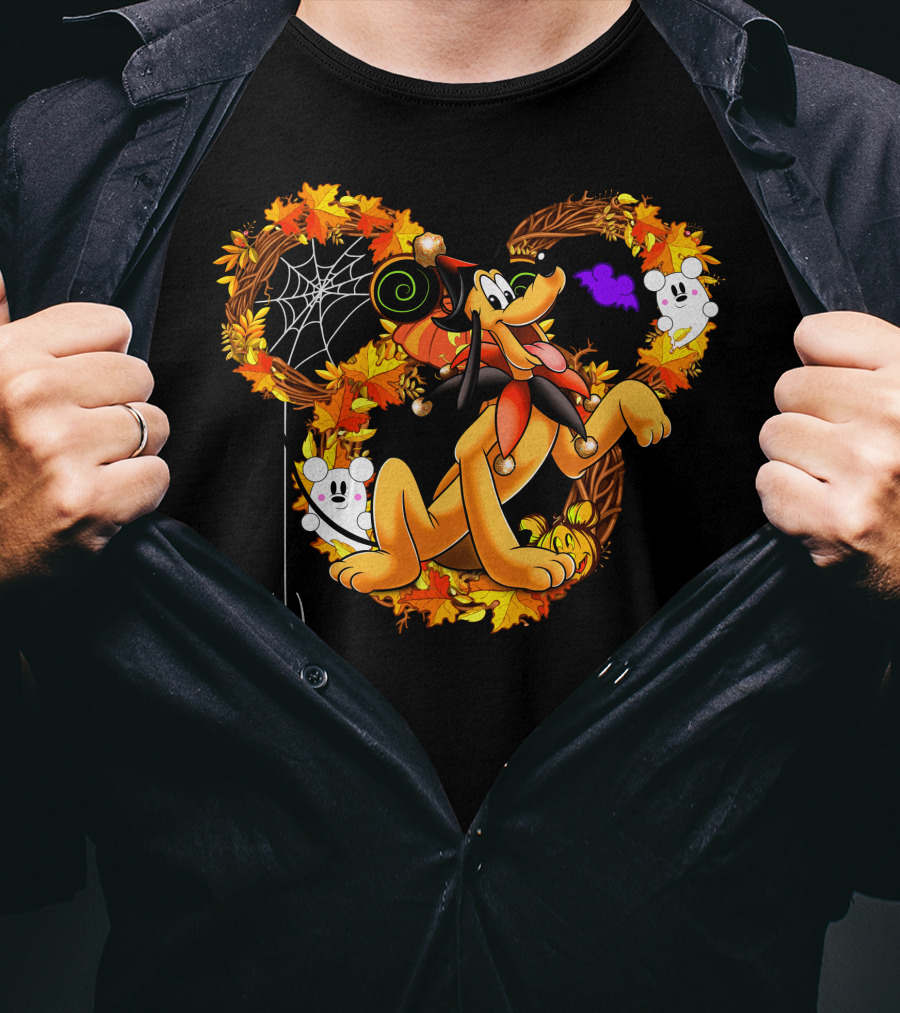 Pluto Halloween Autumn Wreath With Ghosts And Spiderweb T-Shirt