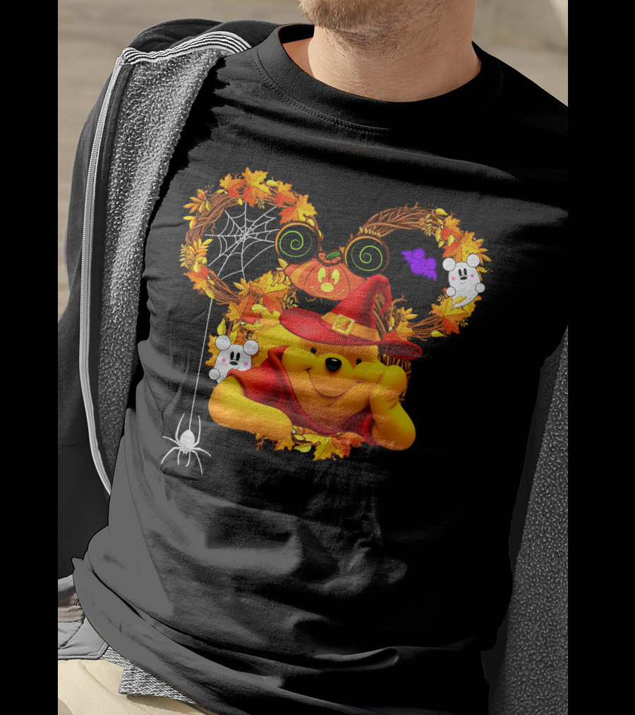 Pooh Halloween Witch Pumpkin Spider Ghosts Autumn Leaves T-Shirt