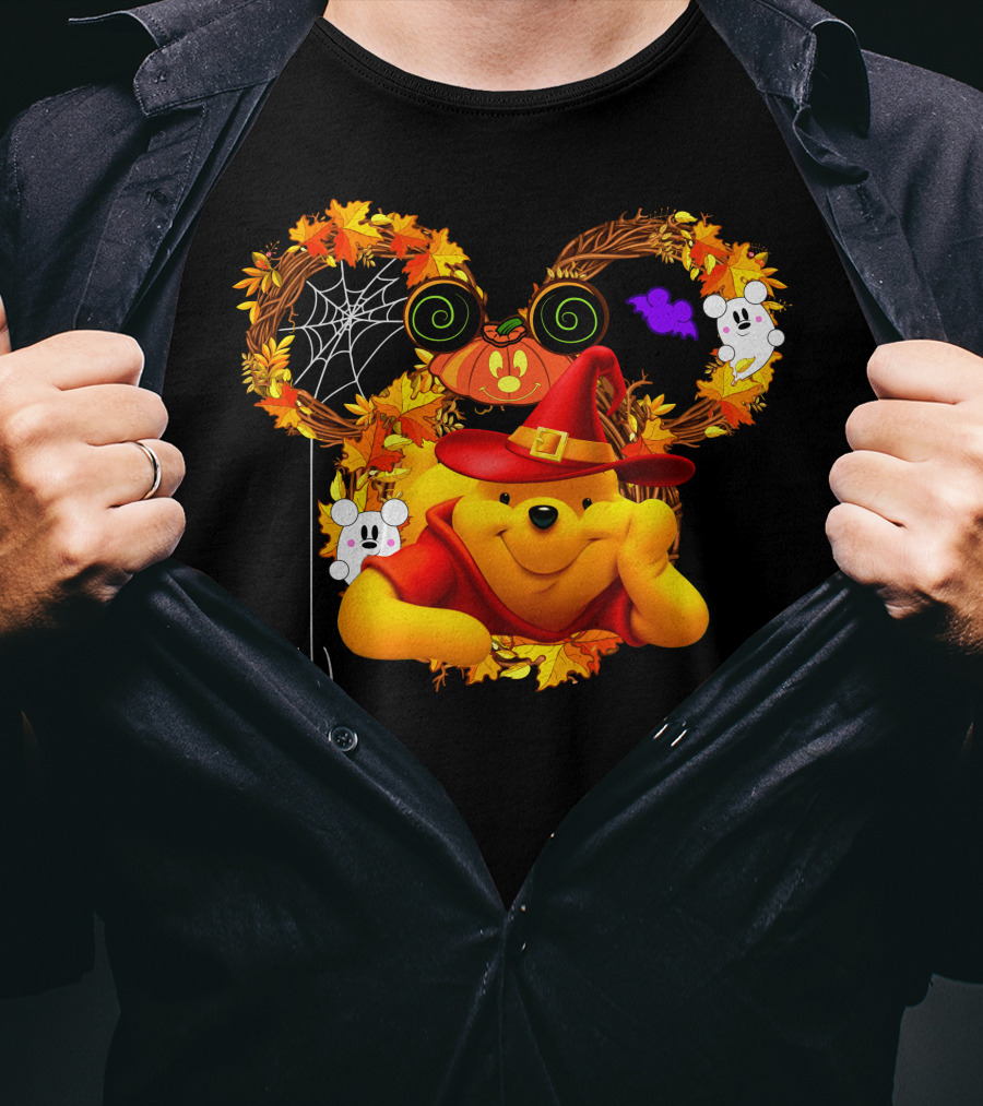 Pooh Halloween Witch Pumpkin Spider Ghosts Autumn Leaves T-Shirt