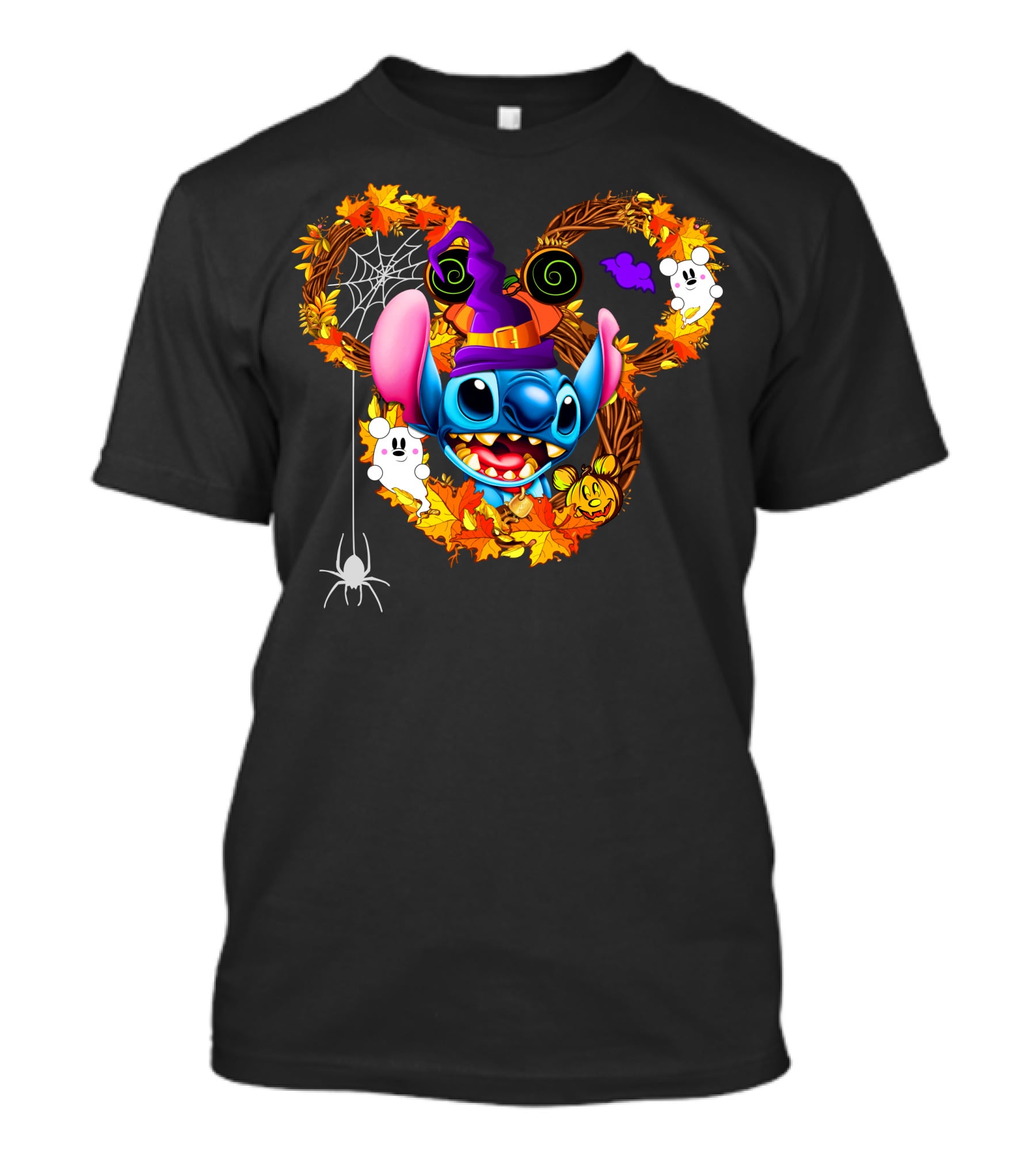 Stitch Halloween Mickey Mouse Ears With Spooky Autumn Leaves And Spider Web T-Shirt