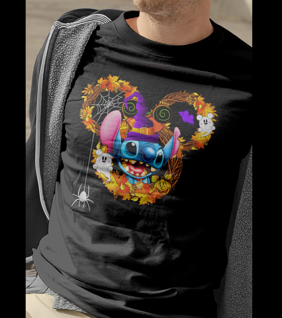 Stitch Halloween Mickey Mouse Ears With Spooky Autumn Leaves And Spider Web T-Shirt