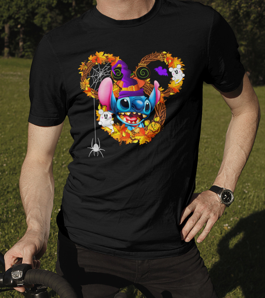 Stitch Halloween Mickey Mouse Ears With Spooky Autumn Leaves And Spider Web T-Shirt