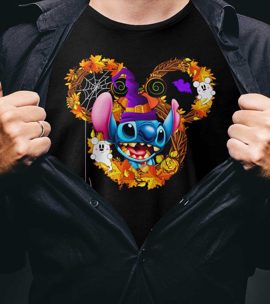 Stitch Halloween Mickey Mouse Ears With Spooky Autumn Leaves And Spider Web T-Shirt