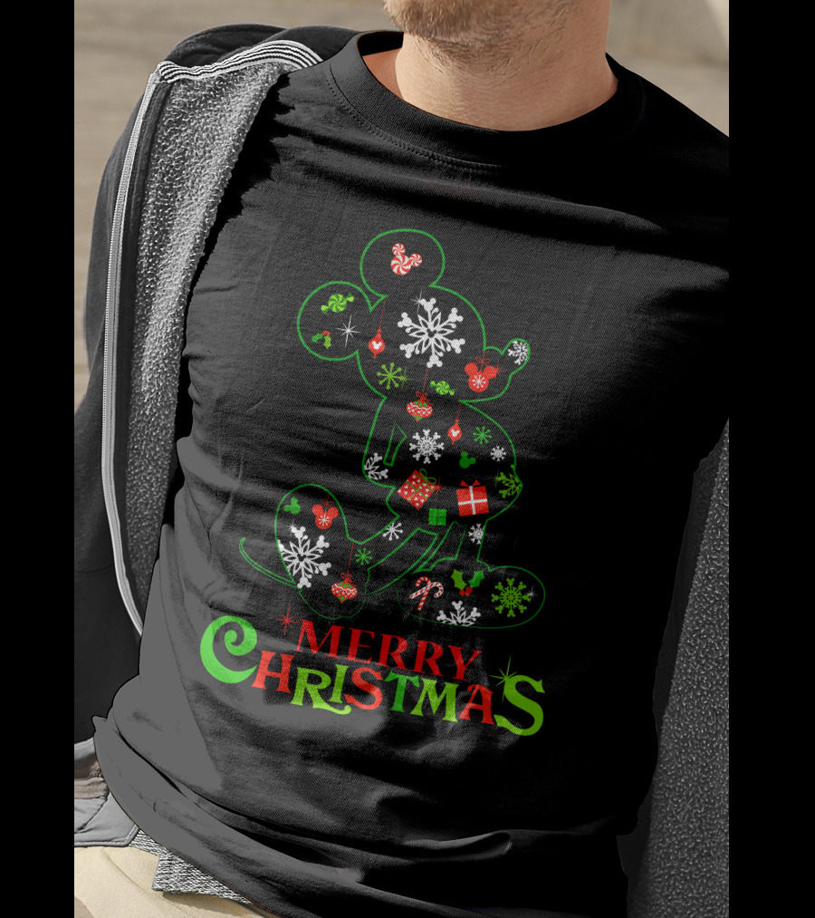 Merry Christmas Snowflakes Candy Cane Mickey Mouse Silhouette 128 T-Shirt