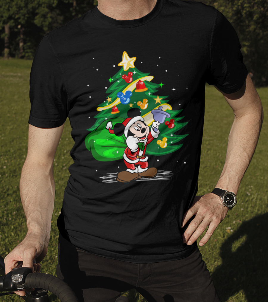 Mickey Mouse Santa With Christmas Tree And Ornaments T-Shirt
