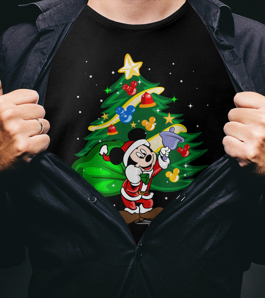 Mickey Mouse Santa With Christmas Tree And Ornaments T-Shirt