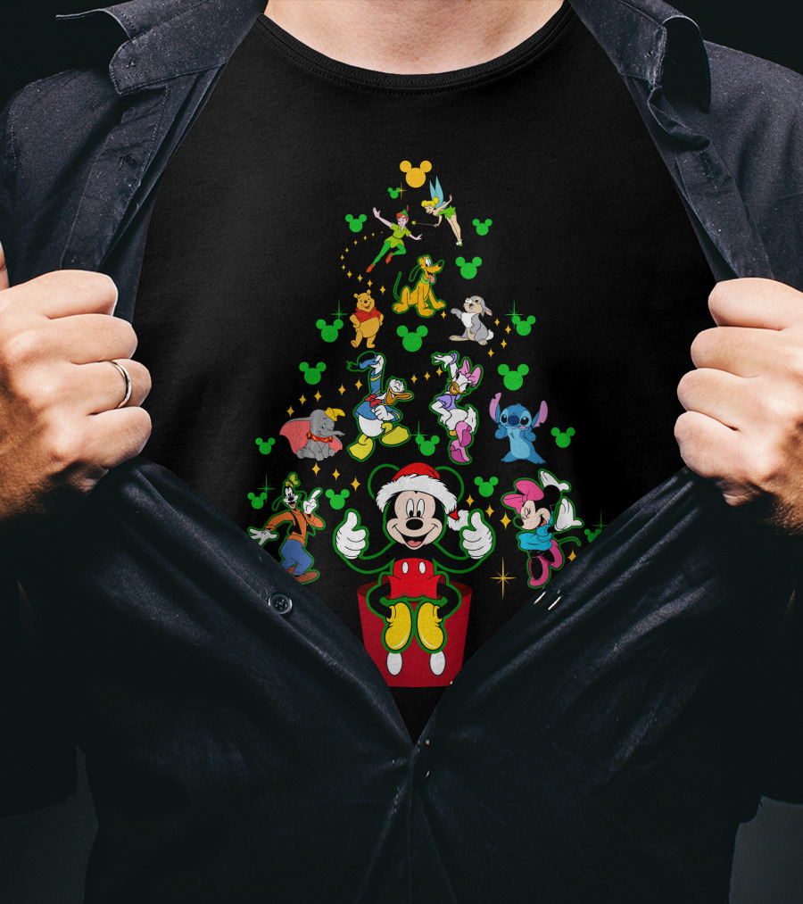 Merry Christmas 42 Disney Characters Tree Mickey Mouse Santa Minnie Stitch Tinker Bell Goofy Pluto Dumbo Winnie The Pooh T-Shirt