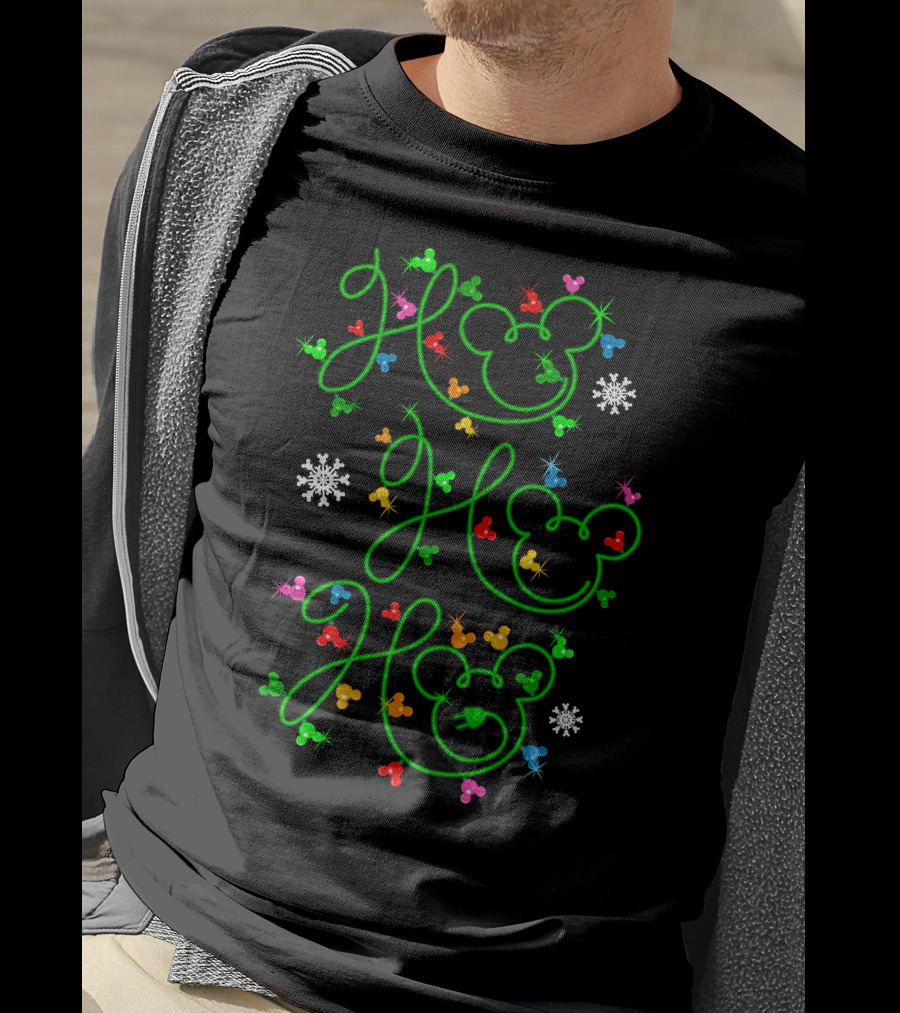 Ho Ho Ho Merry Christmas 54 Mickey Mouse Ears Snowflakes Colorful Ornaments T-Shirt