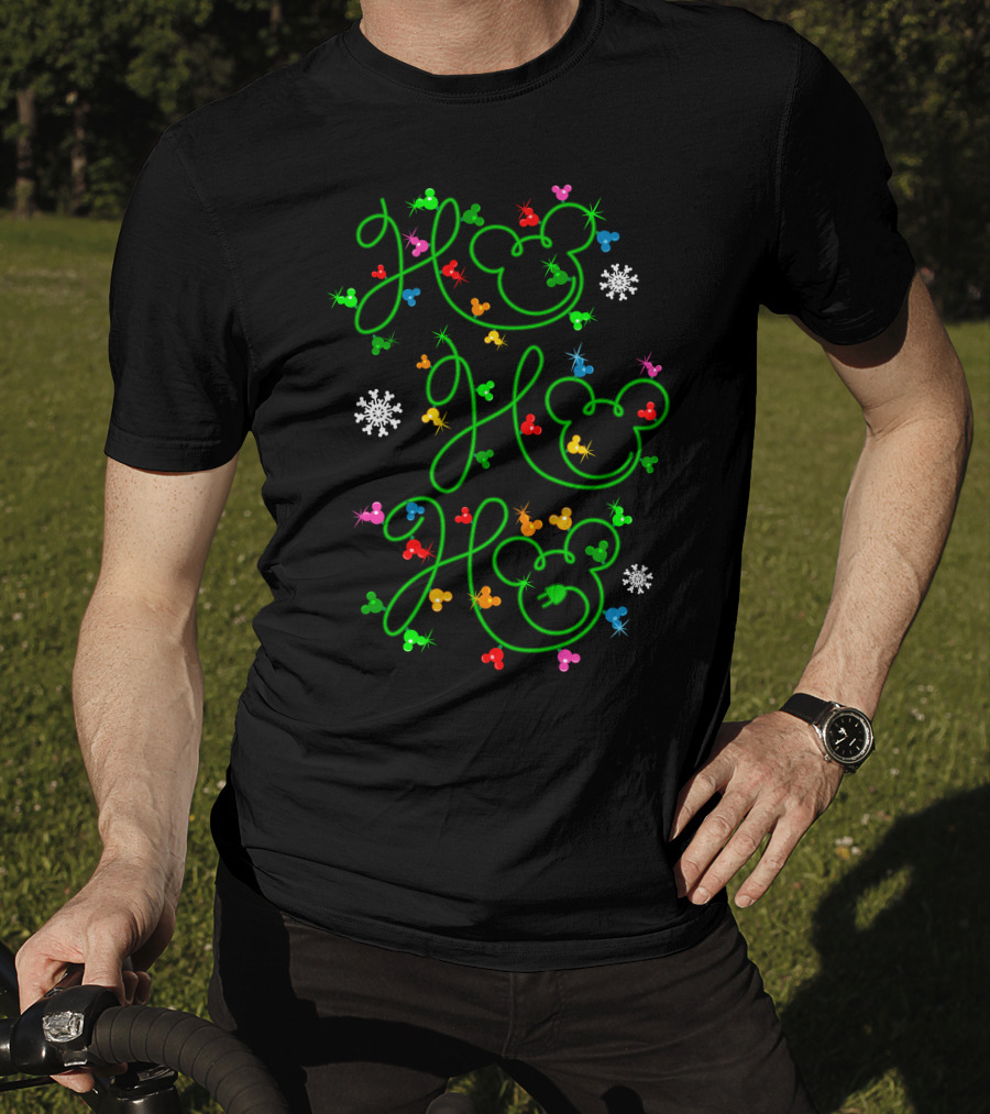 Ho Ho Ho Merry Christmas 54 Mickey Mouse Ears Snowflakes Colorful Ornaments T-Shirt