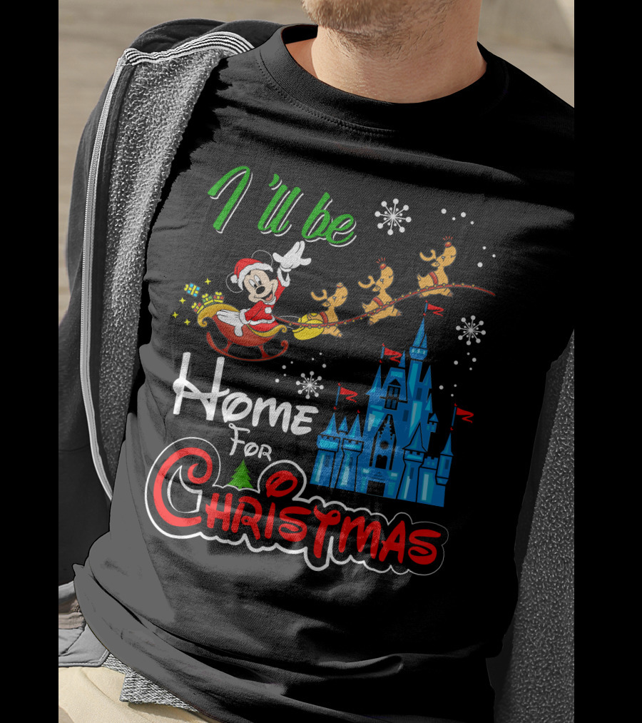 I'll Be Home For Christmas Mickey Mouse Santa Sleigh Castle Reindeer Snowflakes T-Shirt