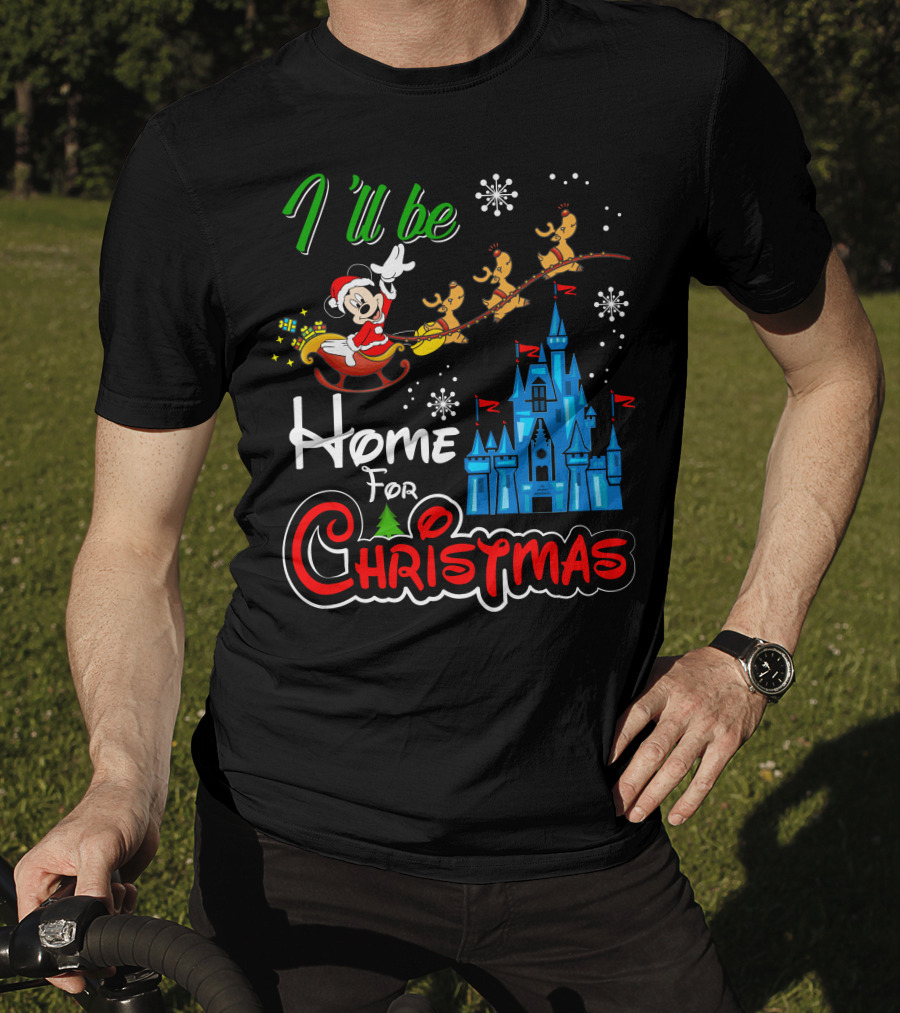 I'll Be Home For Christmas Mickey Mouse Santa Sleigh Castle Reindeer Snowflakes T-Shirt