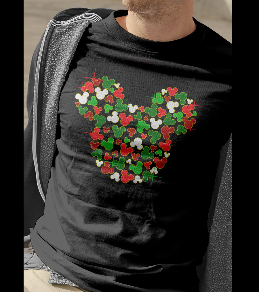 Festive Mickey Icon Pattern In Red Green And White T-Shirt