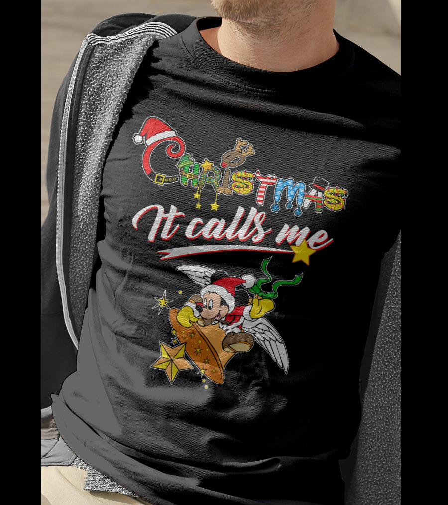 Christmas It Calls Me Mickey Santa Hat Winged Bell T-Shirt