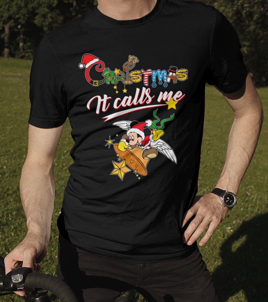 Christmas It Calls Me Mickey Santa Hat Winged Bell T-Shirt