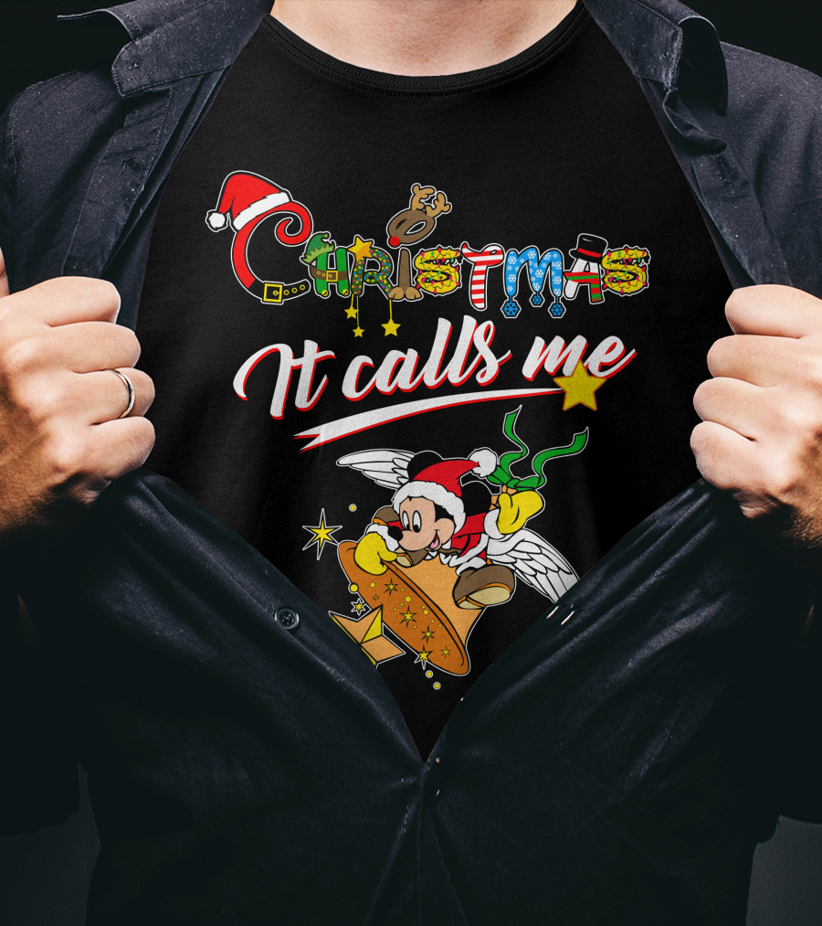 Christmas It Calls Me Mickey Santa Hat Winged Bell T-Shirt