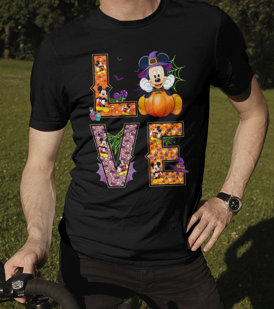 Love Halloween Mickey Mouse Pumpkin Witch Hat Spooky Bats T-Shirt