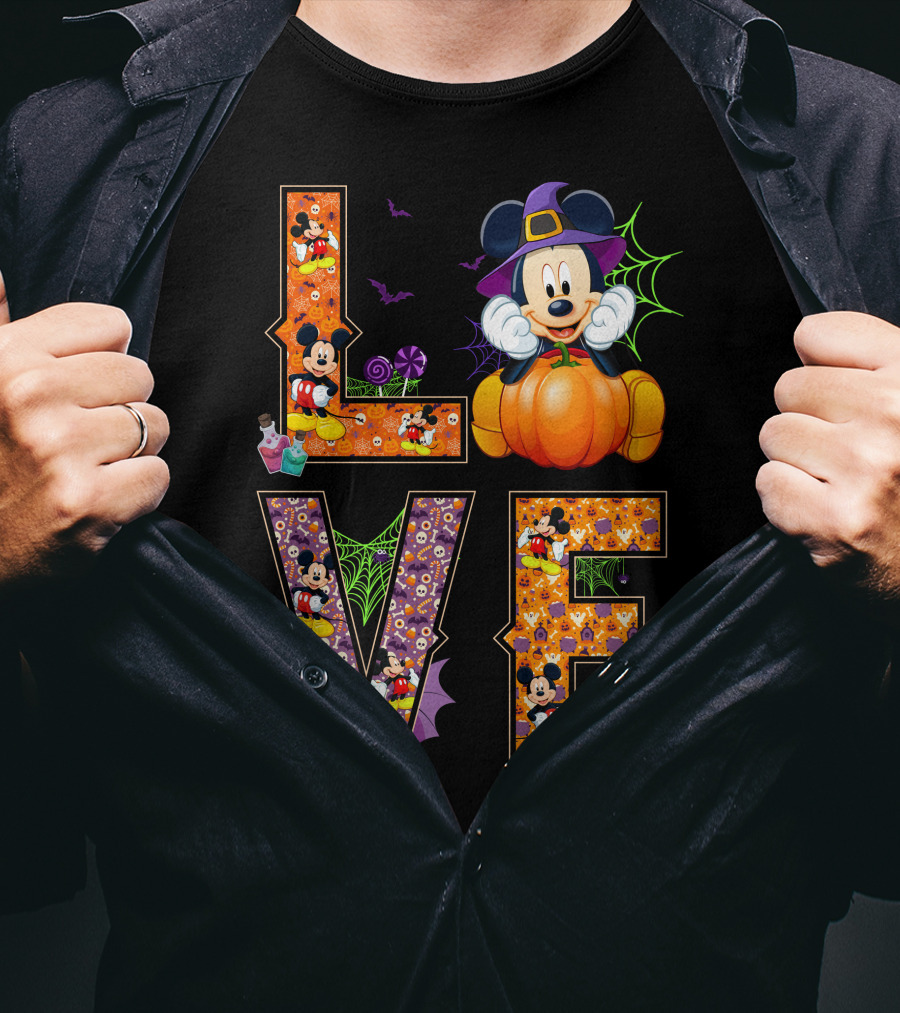 Love Halloween Mickey Mouse Pumpkin Witch Hat Spooky Bats T-Shirt