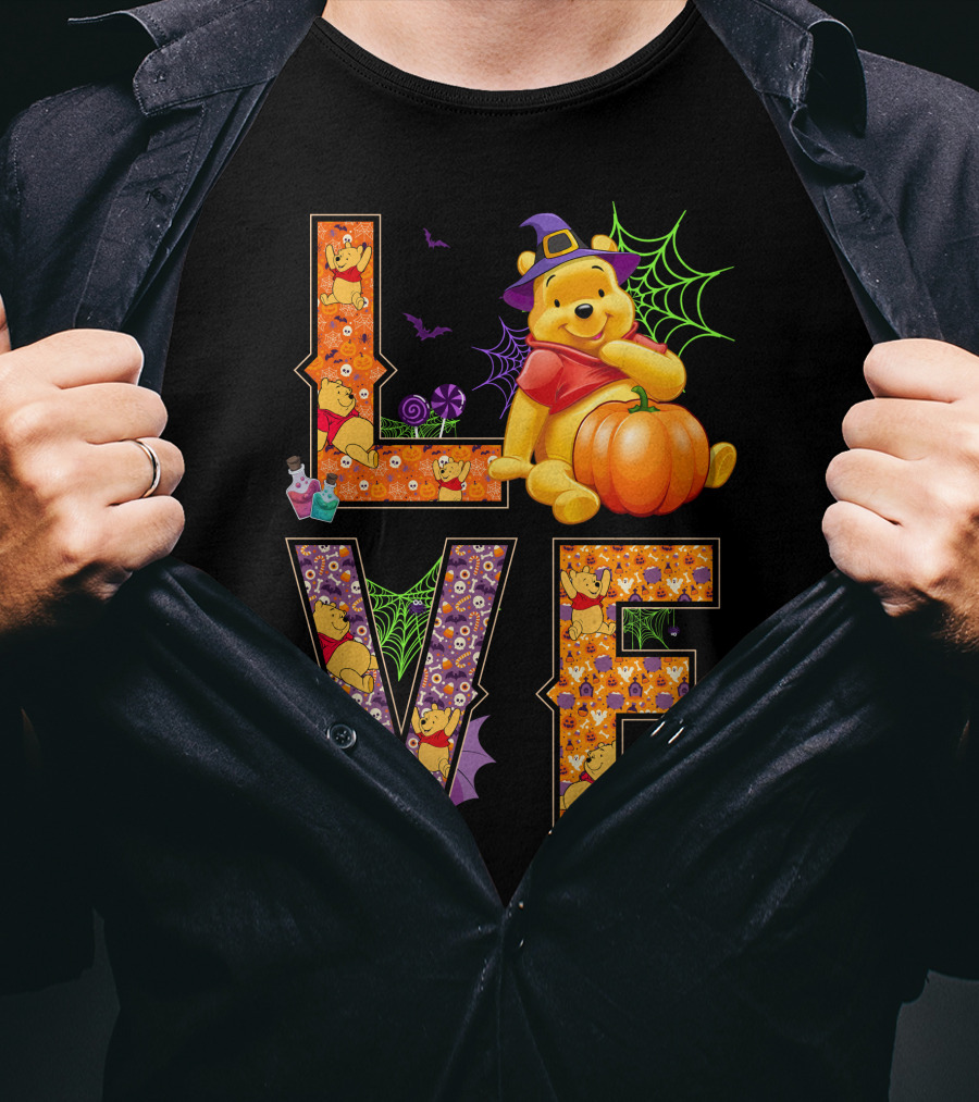 Love Pooh Halloween Pumpkin Spiderwebs And Witch Hat T-Shirt