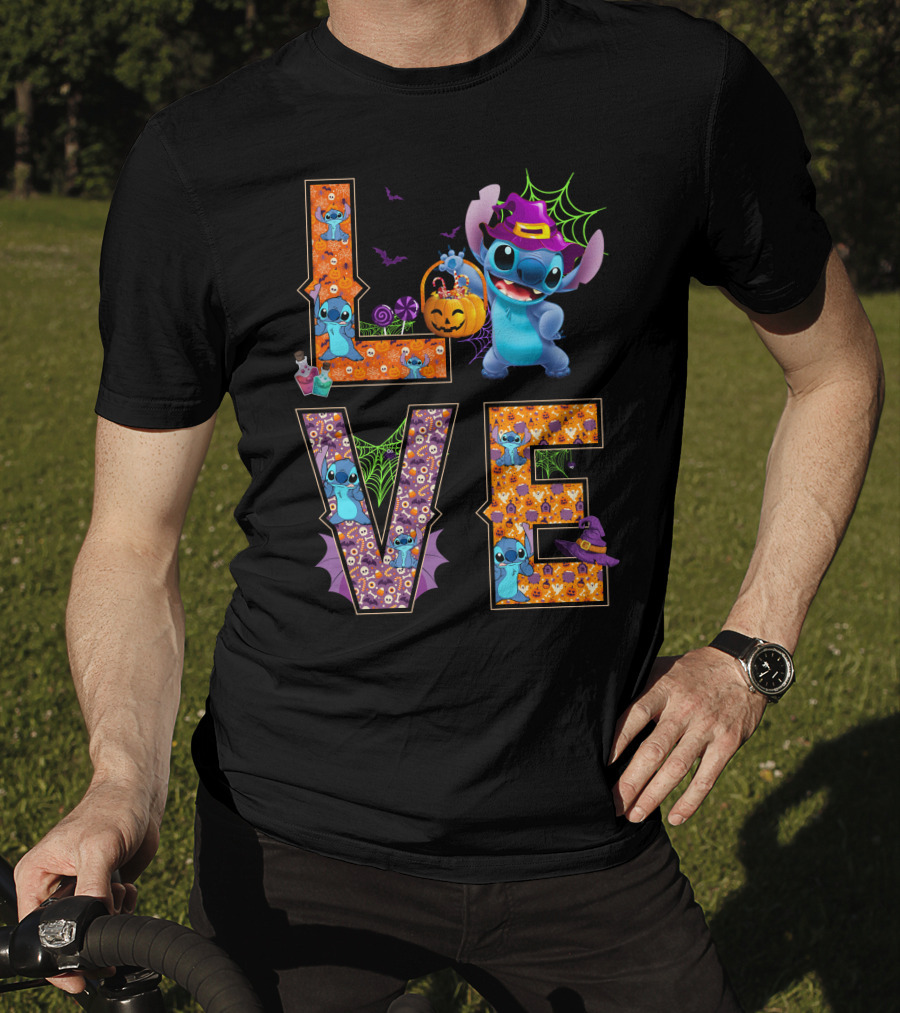 Love Stitch Halloween Theme With Pumpkin And Spiderwebs T-Shirt