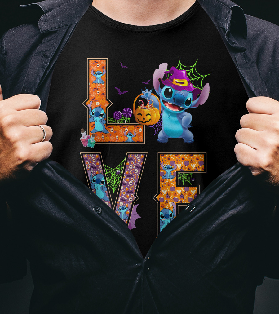 Love Stitch Halloween Theme With Pumpkin And Spiderwebs T-Shirt