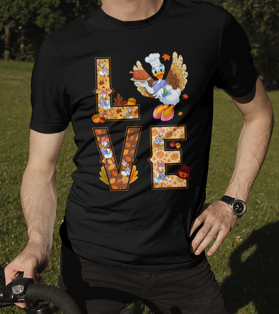Thanksgiving Daisy Duck Love Fall Leaves Pumpkins Turkey Chef Hat T-Shirt