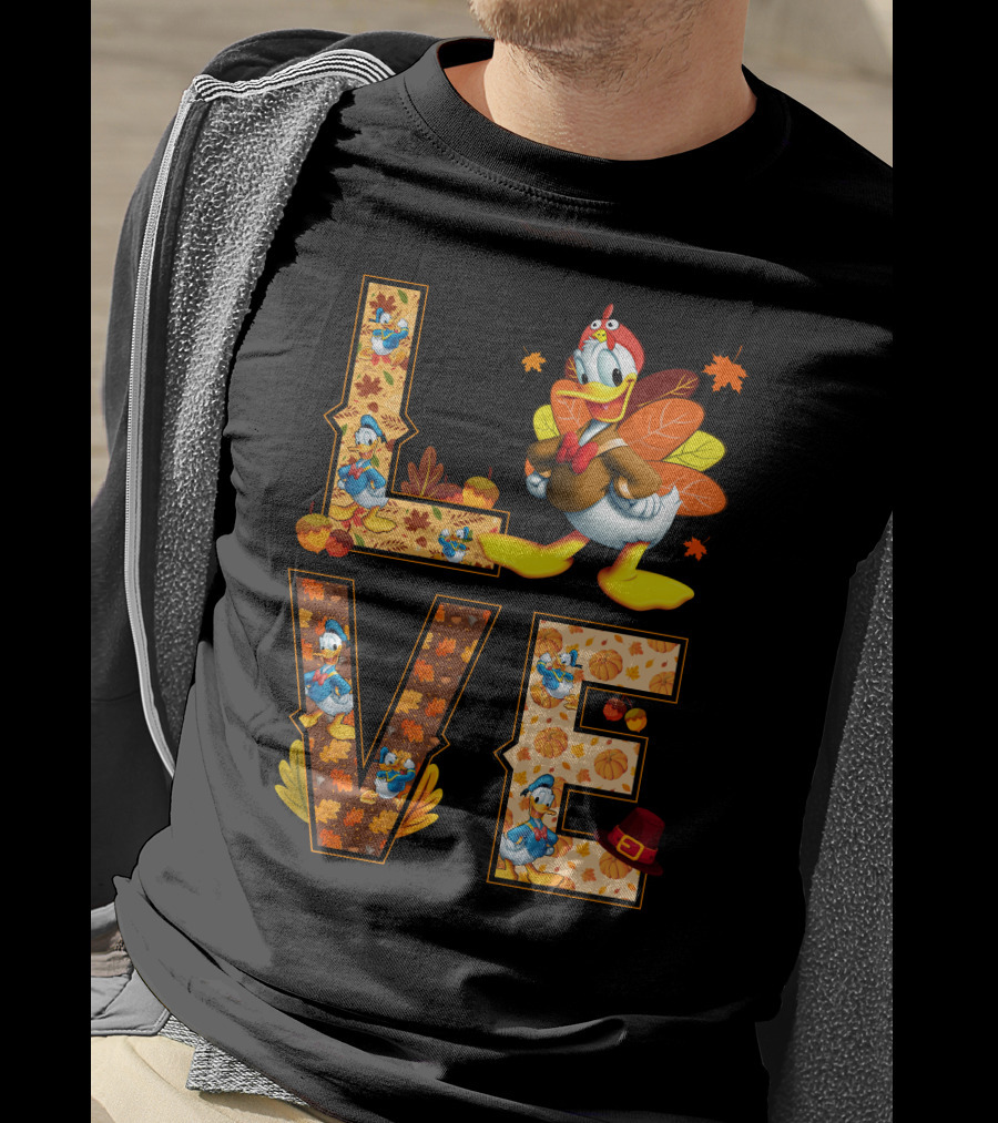 Love Thanksgiving Donald Duck Turkey Autumn Leaves Pumpkins T-Shirt