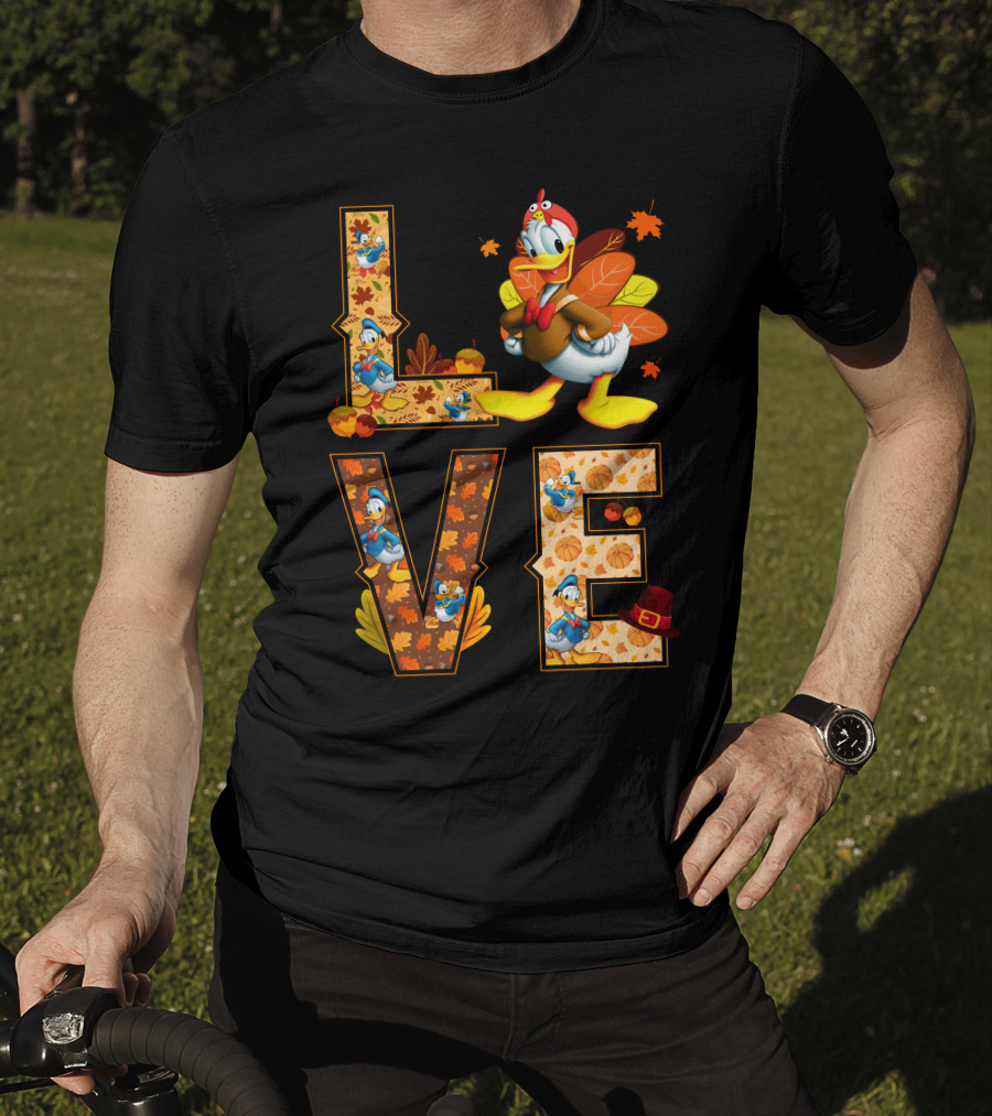 Love Thanksgiving Donald Duck Turkey Autumn Leaves Pumpkins T-Shirt