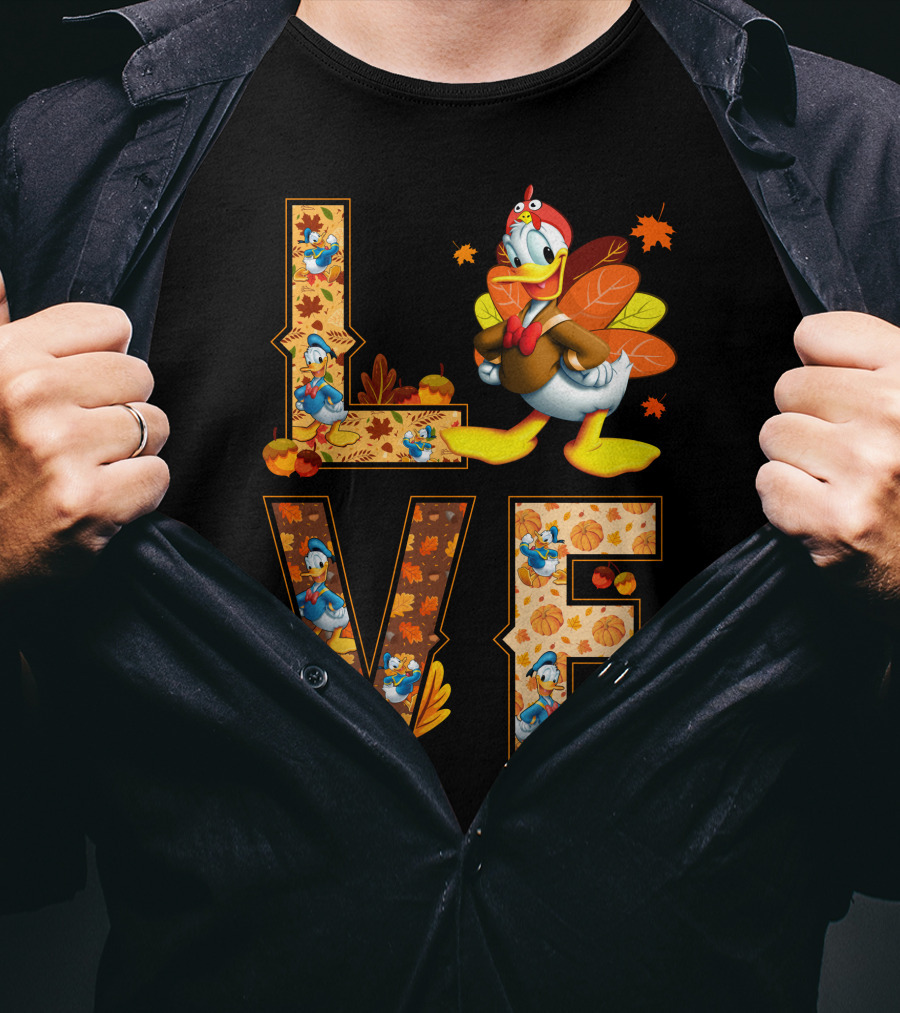 Love Thanksgiving Donald Duck Turkey Autumn Leaves Pumpkins T-Shirt