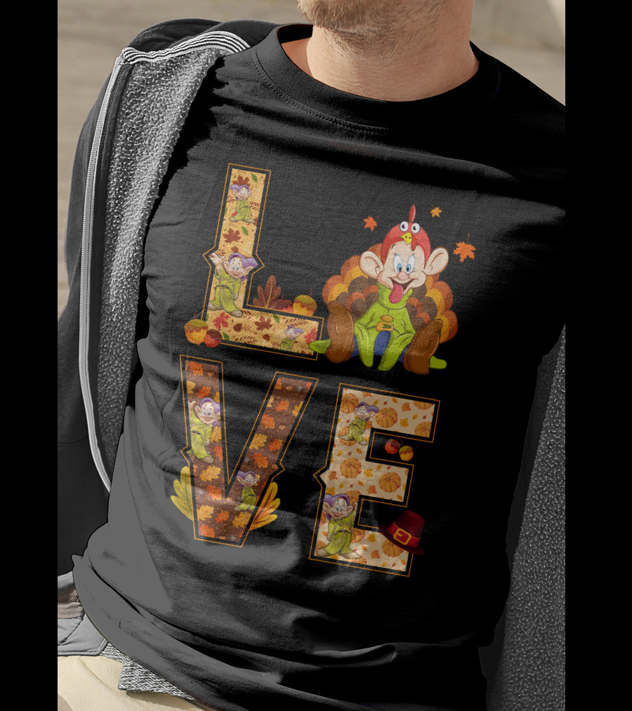 Love Thanksgiving Dopey Characters And Autumn Leaves T-Shirt