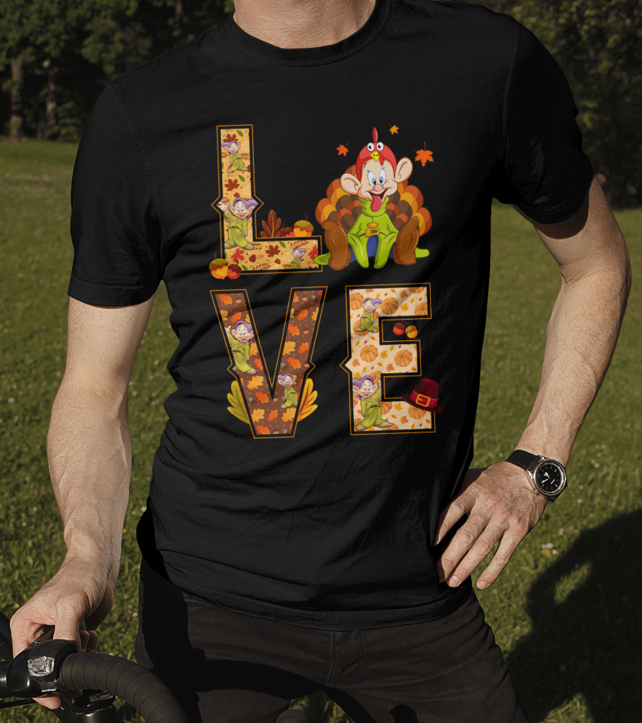 Love Thanksgiving Dopey Characters And Autumn Leaves T-Shirt