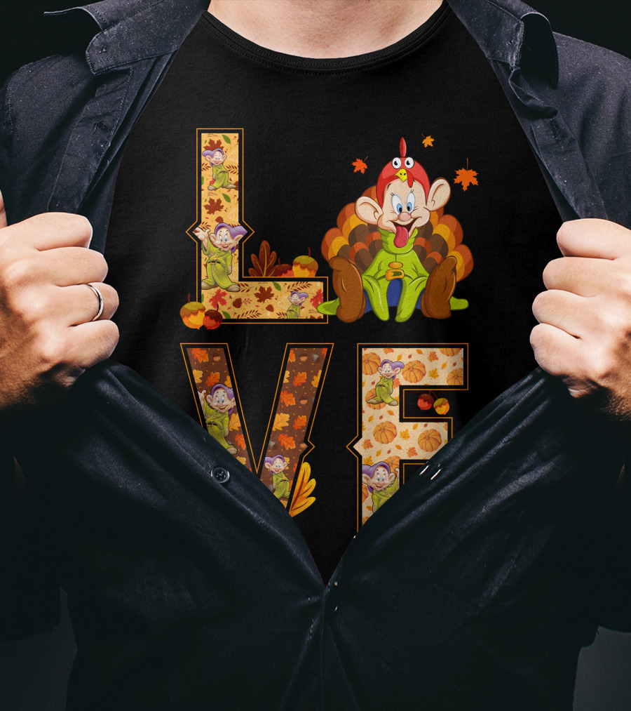 Love Thanksgiving Dopey Characters And Autumn Leaves T-Shirt