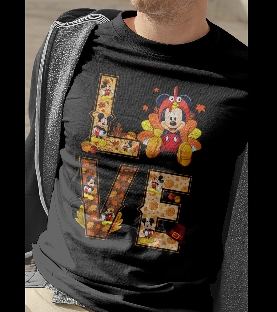 Mickey Love Thanksgiving Theme With Autumn Leaves And Pumpkins T-Shirt