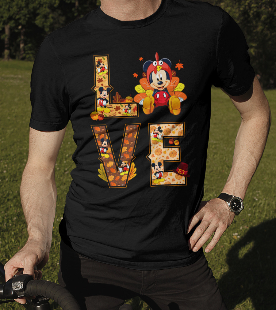 Mickey Love Thanksgiving Theme With Autumn Leaves And Pumpkins T-Shirt