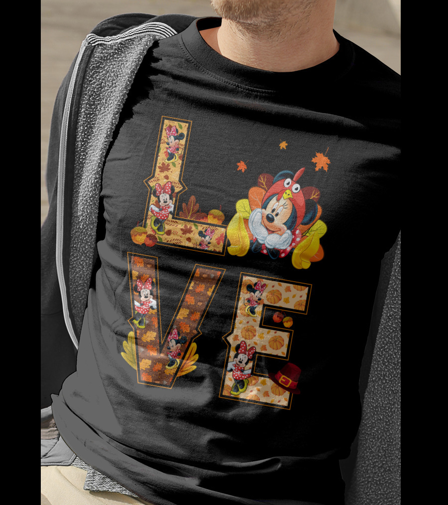 Autumn Love Minnie Mouse Fall Theme With Leaves And Pumpkins T-Shirt