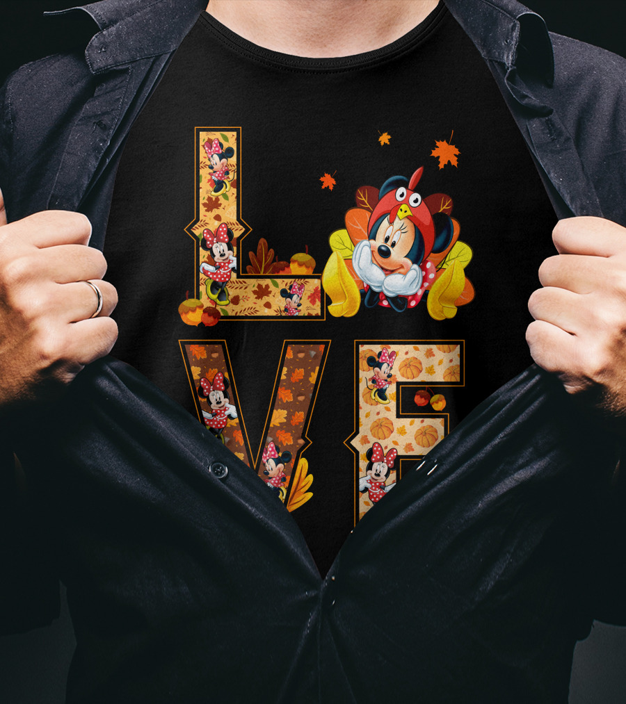 Autumn Love Minnie Mouse Fall Theme With Leaves And Pumpkins T-Shirt