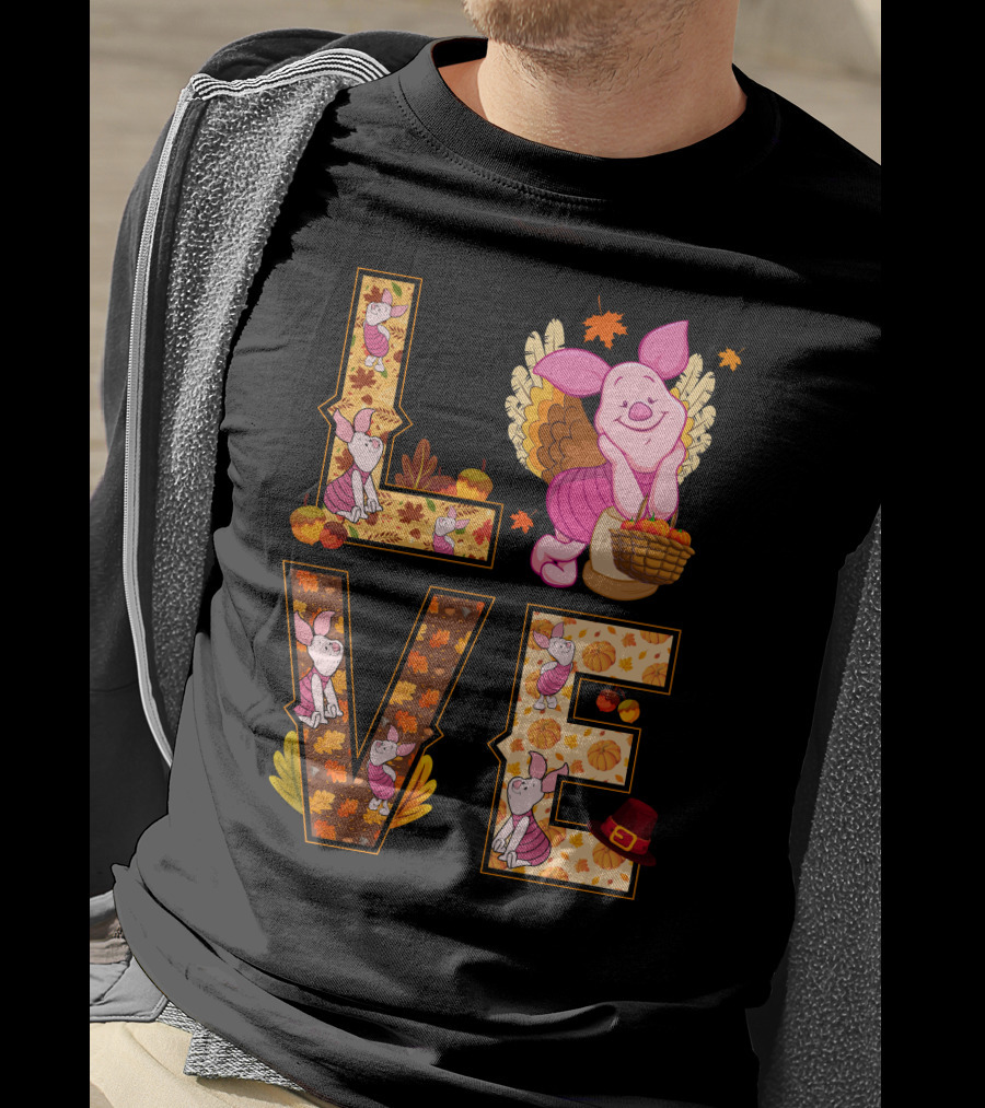 Piglet Love Autumn Harvest Thanksgiving Pumpkin Leaves T-Shirt