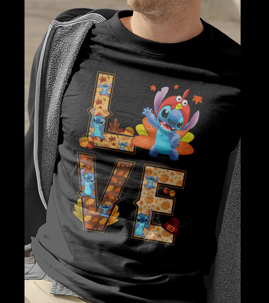 Love Stitch Thanksgiving Autumn Leaves Pumpkins Turkey Hat T-Shirt