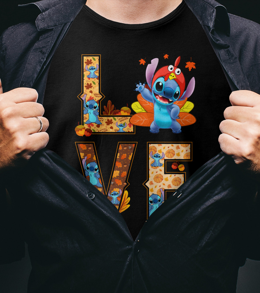 Love Stitch Thanksgiving Autumn Leaves Pumpkins Turkey Hat T-Shirt