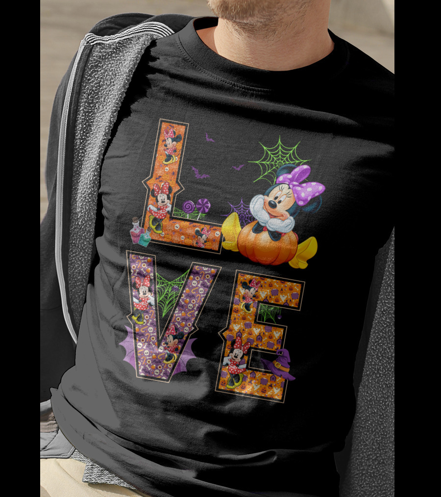 Love Minnie Halloween Pumpkin Bats Spiderwebs Bow T-Shirt