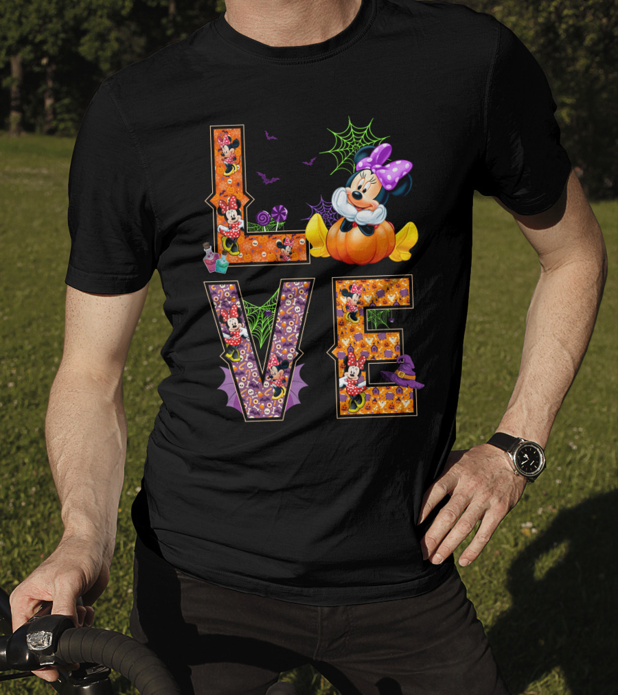 Love Minnie Halloween Pumpkin Bats Spiderwebs Bow T-Shirt