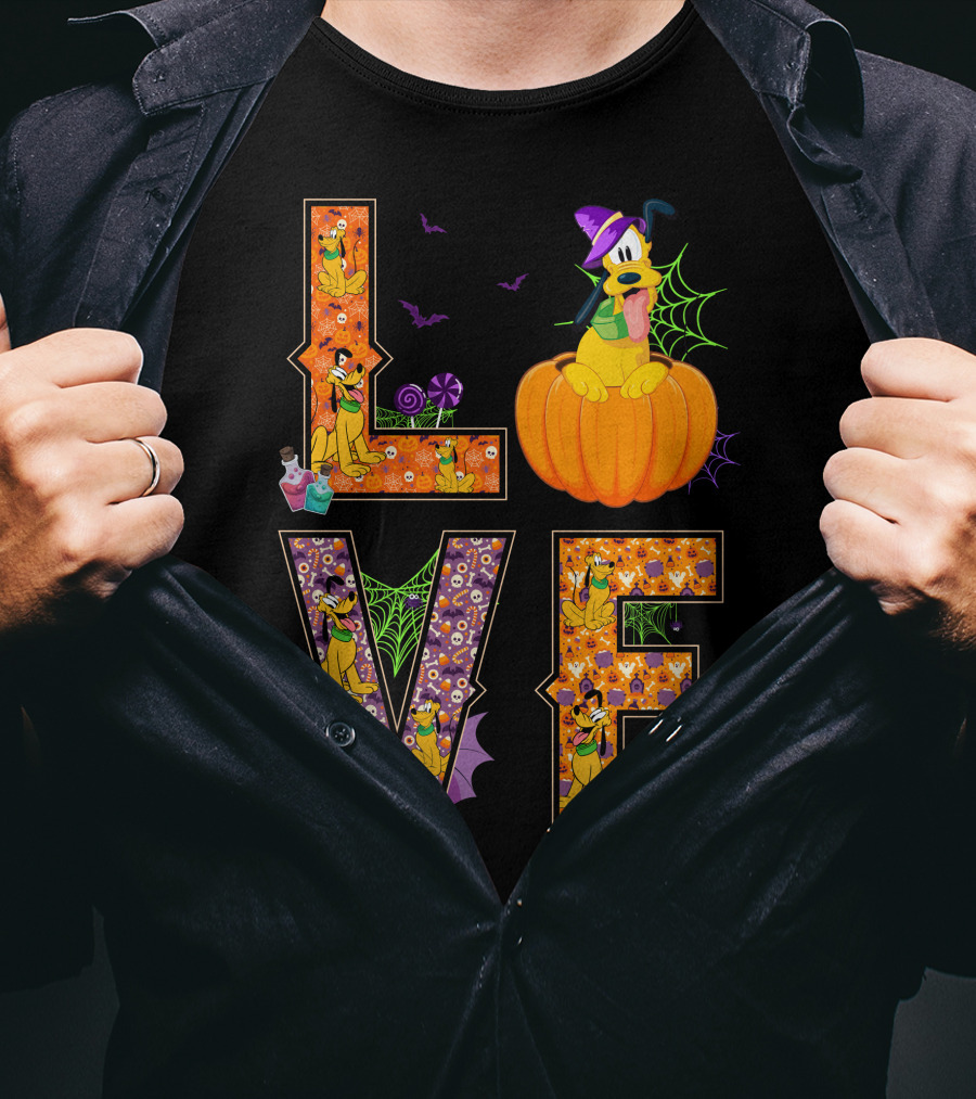 Love Pluto Halloween Pumpkin Bats Spider Webs T-Shirt