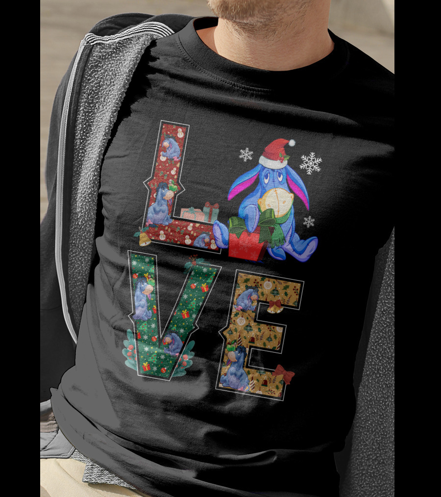 Eeyore Christmas Love Santa Hat Snowflakes T-Shirt