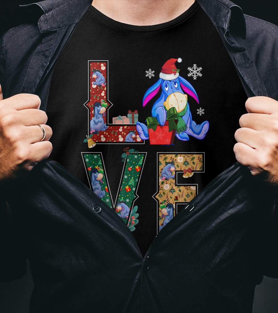 Eeyore Christmas Love Santa Hat Snowflakes T-Shirt