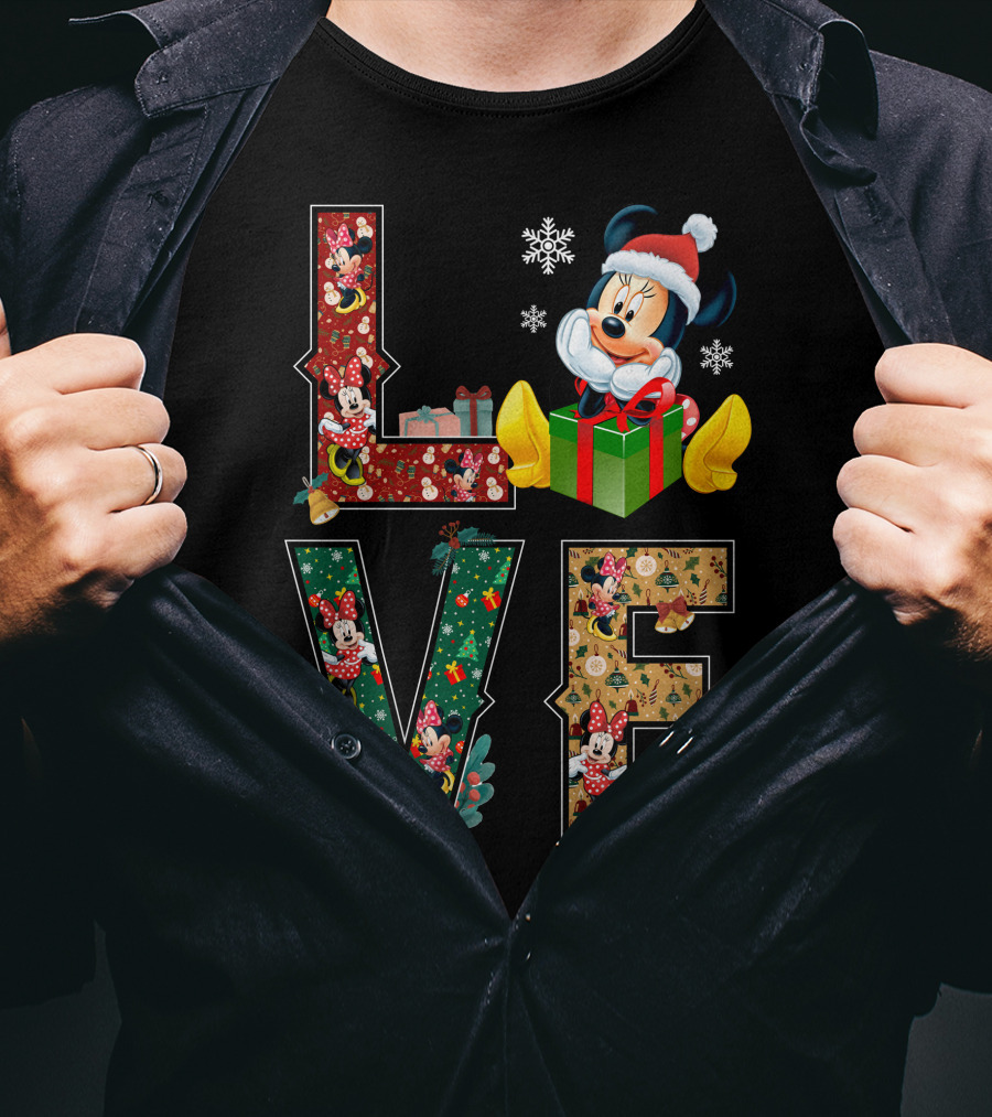 Minnie Christmas Love Santa Hat Holiday Gifts Snowflakes T-Shirt