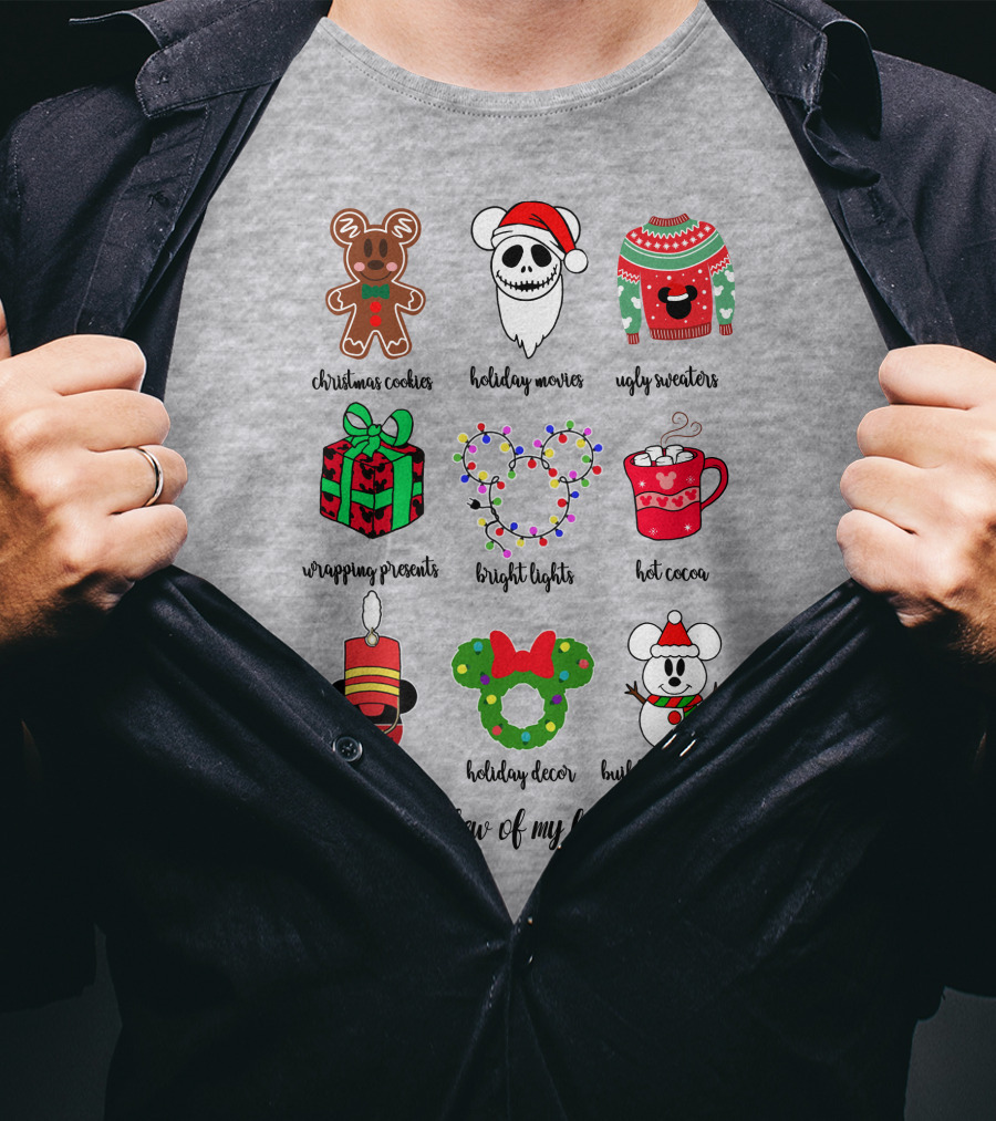 Christmas Cookies Holiday Movies Ugly Sweaters Wrapping Presents Bright Lights Hot Cocoa Mmmq Holiday Decor Building Snowman These Are A Few Of My Favorite Things T-Shirt