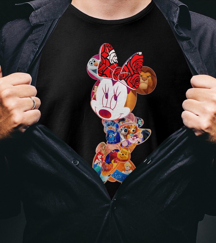 Disney Minnie Mouse With Olaf Simba Nemo Winnie Pooh Elsa Dory Mickey Characters T-Shirt