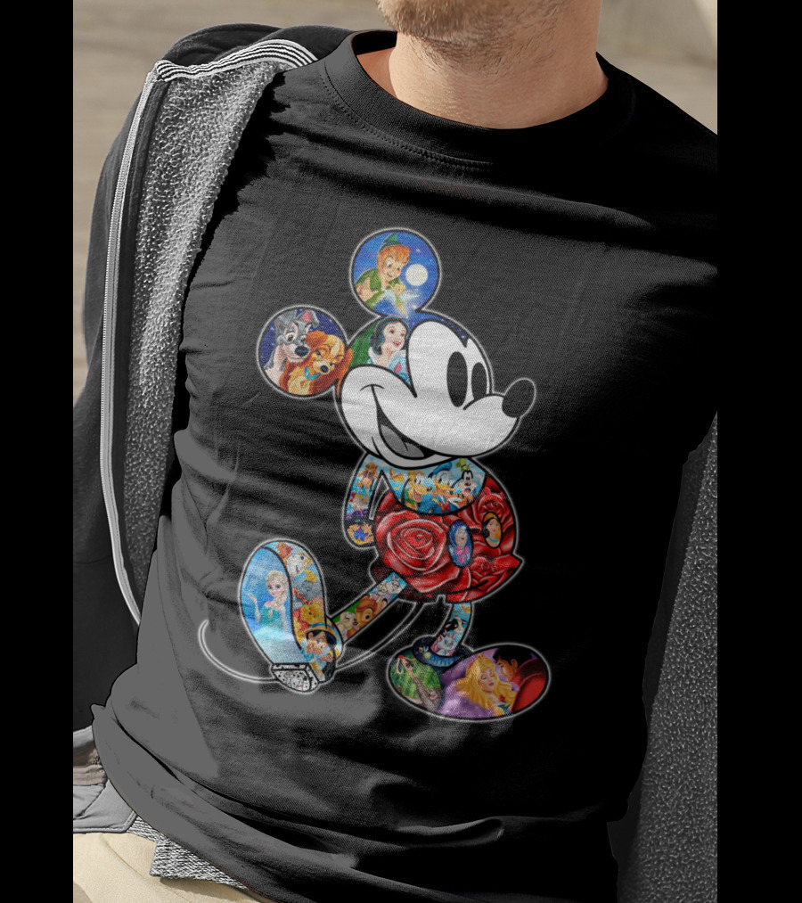 Mickey Mouse Collage Featuring Classic Disney Characters T-Shirt