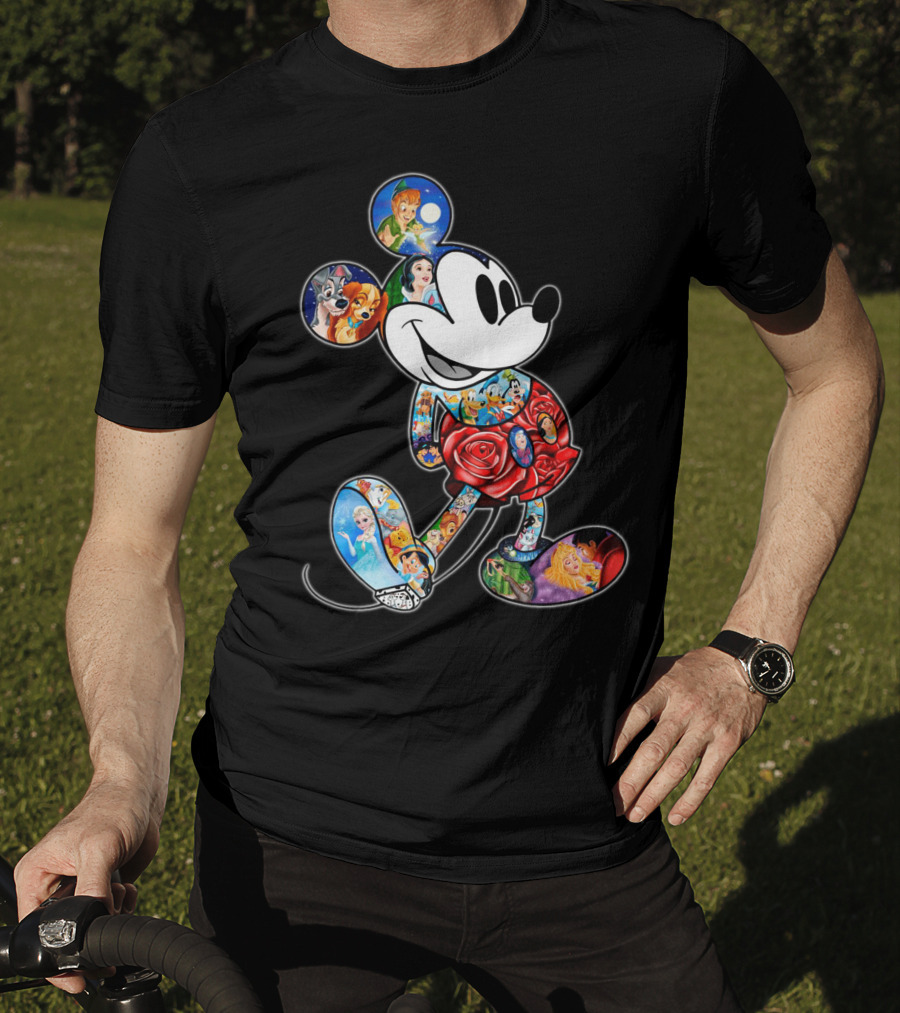 Mickey Mouse Collage Featuring Classic Disney Characters T-Shirt