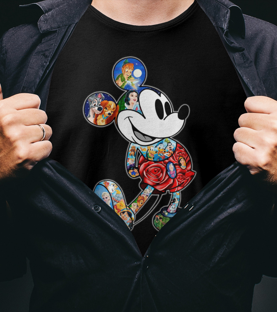 Mickey Mouse Collage Featuring Classic Disney Characters T-Shirt