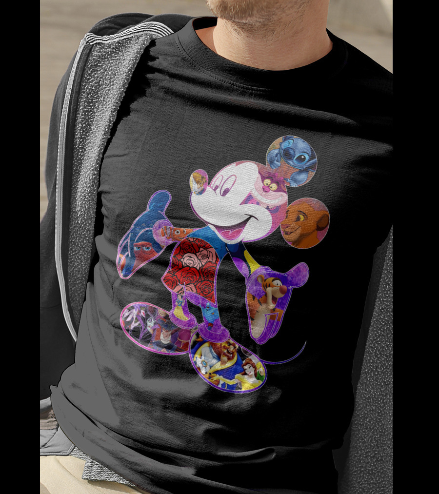 Mickey Mouse Collage Featuring Disney Characters From Lilo & Stitch The Lion King Finding Nemo Winnie The Pooh The Little Mermaid Beauty And The Beast T-Shirt